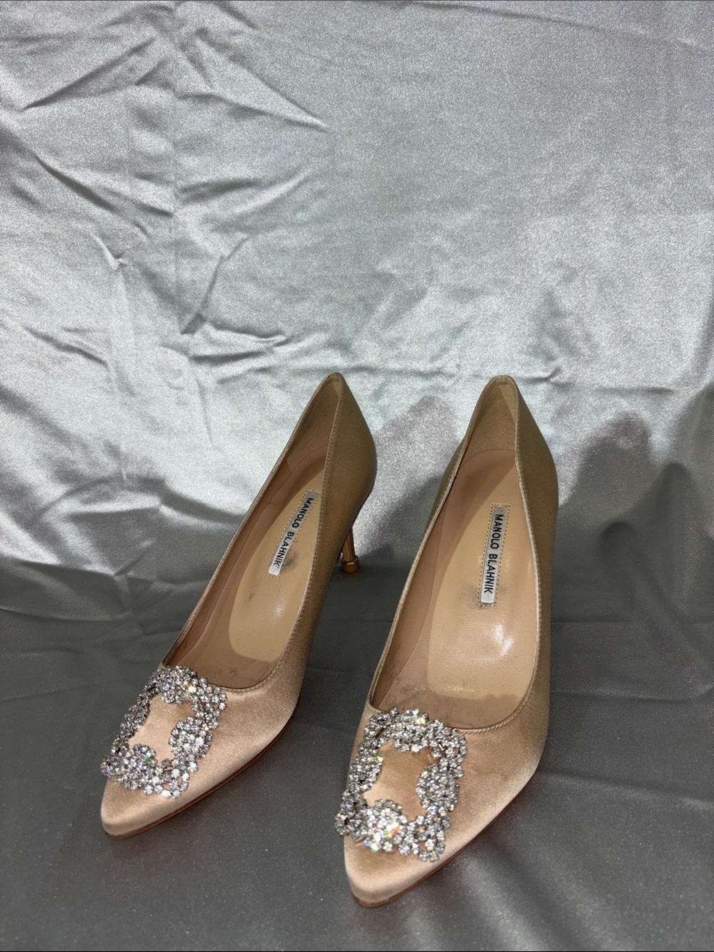 Replica Satin Pointed-Toe Pumps with Crystal Buckle in Blush Gold